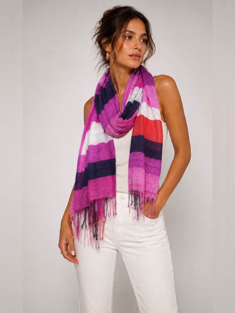 Talbots Lightweight Striped Scarf Pink Purple Navy White Fringe Wrap